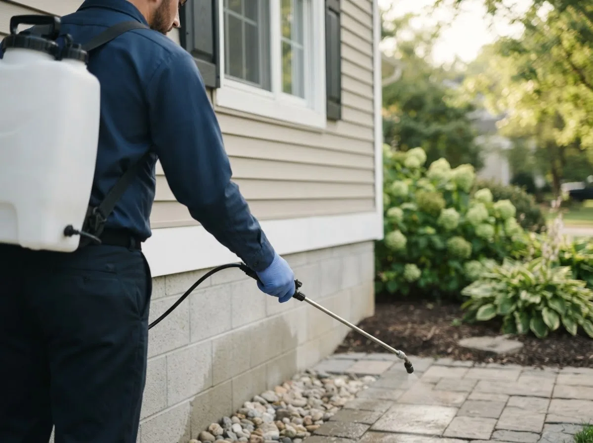 Pest control technician inspecting a home in Elmo, MO